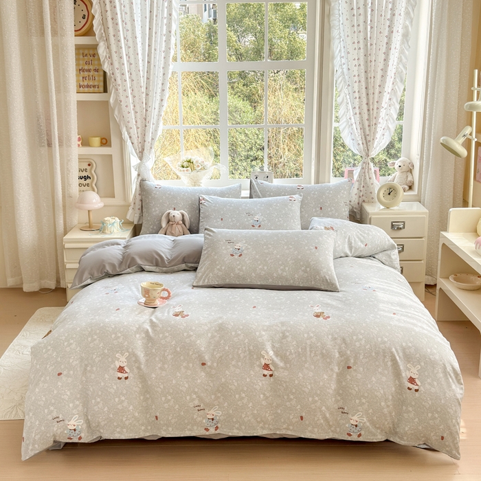 诗黛尔 2026新款学生季仙女小花卉植物卡通云朵棉四件套三件套（二） 沁园-灰