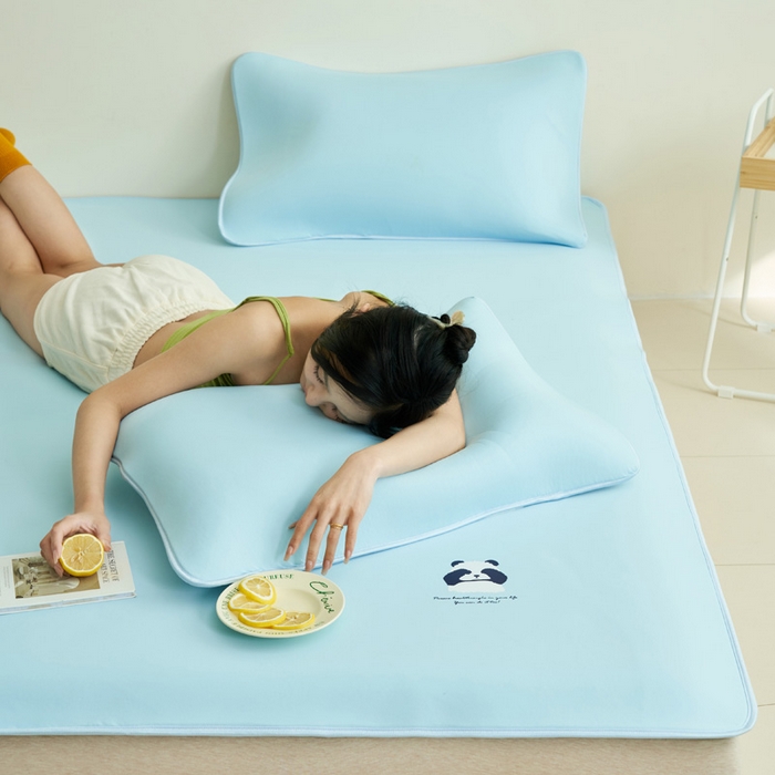 91家纺网 家纺一手货源 找家纺 晨曦家纺 2026新款可爱熊猫冻冻凉感席3D空气感凉席席子 熊猫冻感席-经典天空蓝