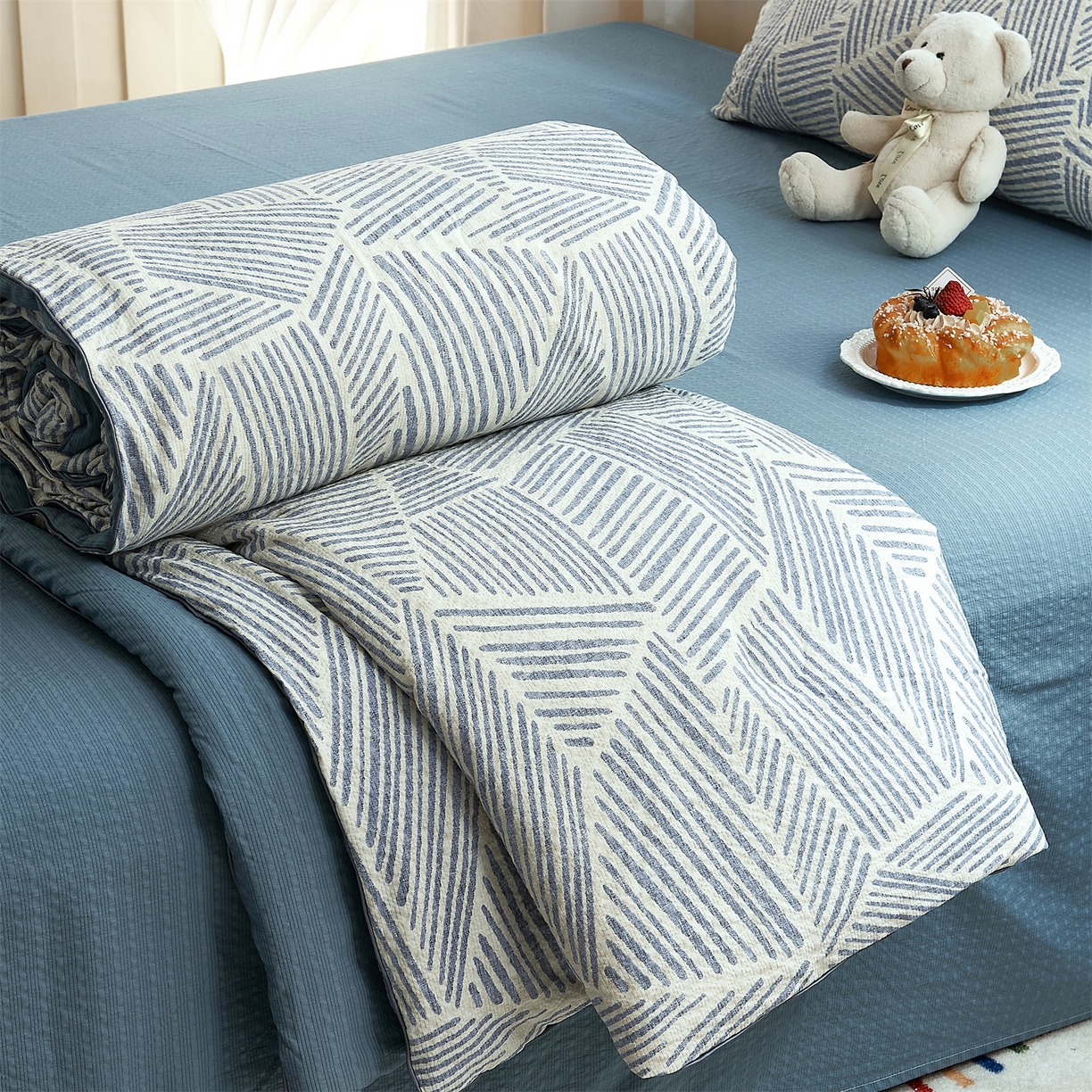 铺尚美家纺 2026新款泡芙棉夏被四件套泡芙纱单夏被空调被夏凉被-印花 浅川蓝