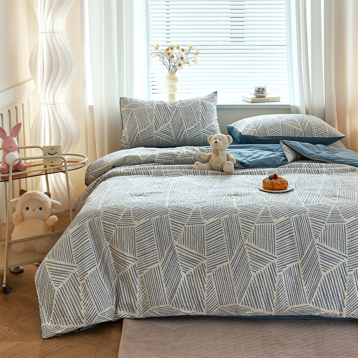 91家纺网 家纺一手货源 找家纺 铺尚美家纺 2026新款泡芙棉夏被四件套泡芙纱单夏被空调被夏凉被-印花 浅川蓝