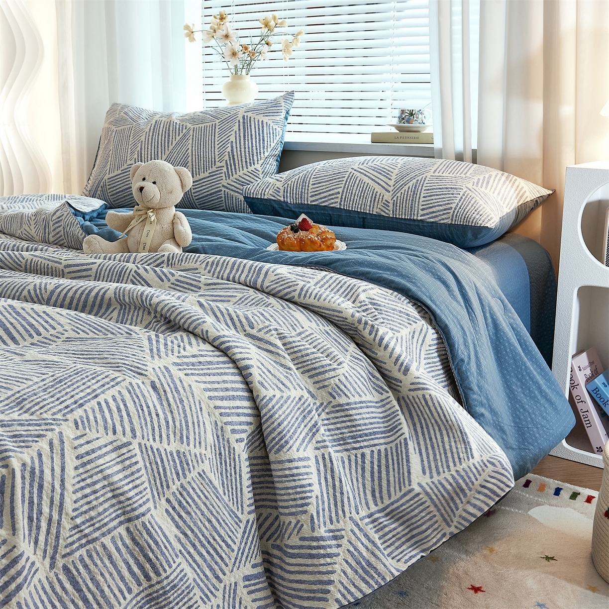 91家纺网 家纺一手货源 找家纺 铺尚美家纺 2026新款泡芙棉夏被四件套泡芙纱单夏被空调被夏凉被-印花 浅川蓝