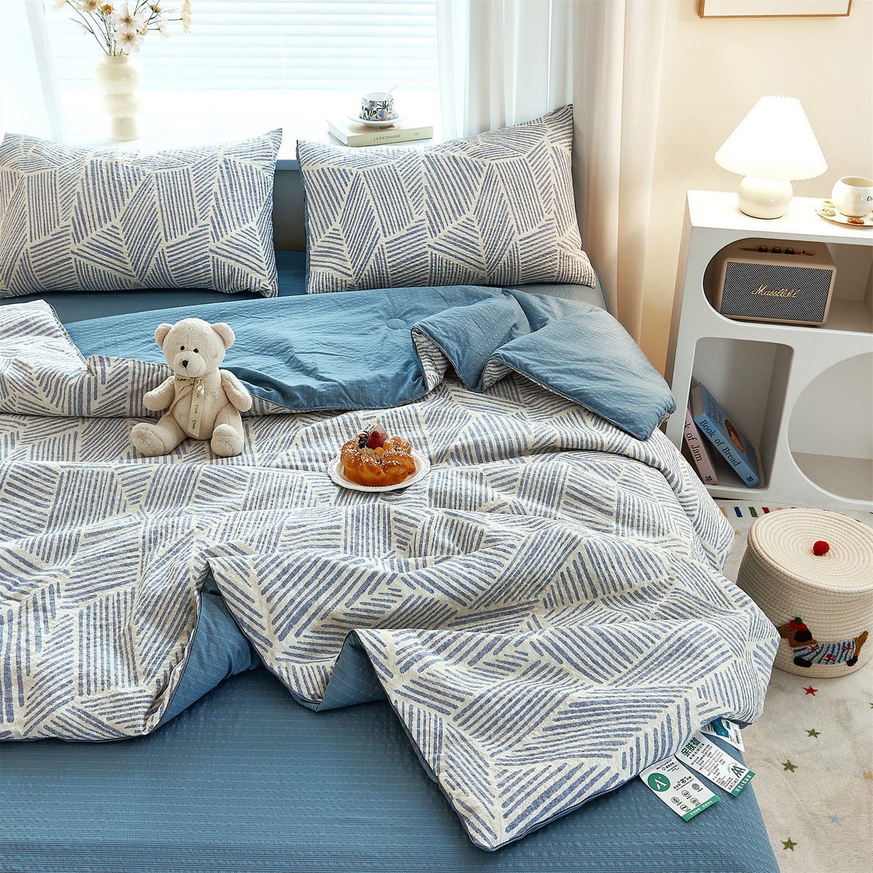 91家纺网 家纺一手货源 找家纺 铺尚美家纺 2026新款泡芙棉夏被四件套泡芙纱单夏被空调被夏凉被-印花 浅川蓝