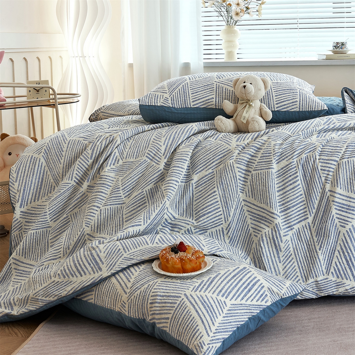 91家纺网 家纺一手货源 找家纺 铺尚美家纺 2026新款泡芙棉夏被四件套泡芙纱单夏被空调被夏凉被-印花 浅川蓝