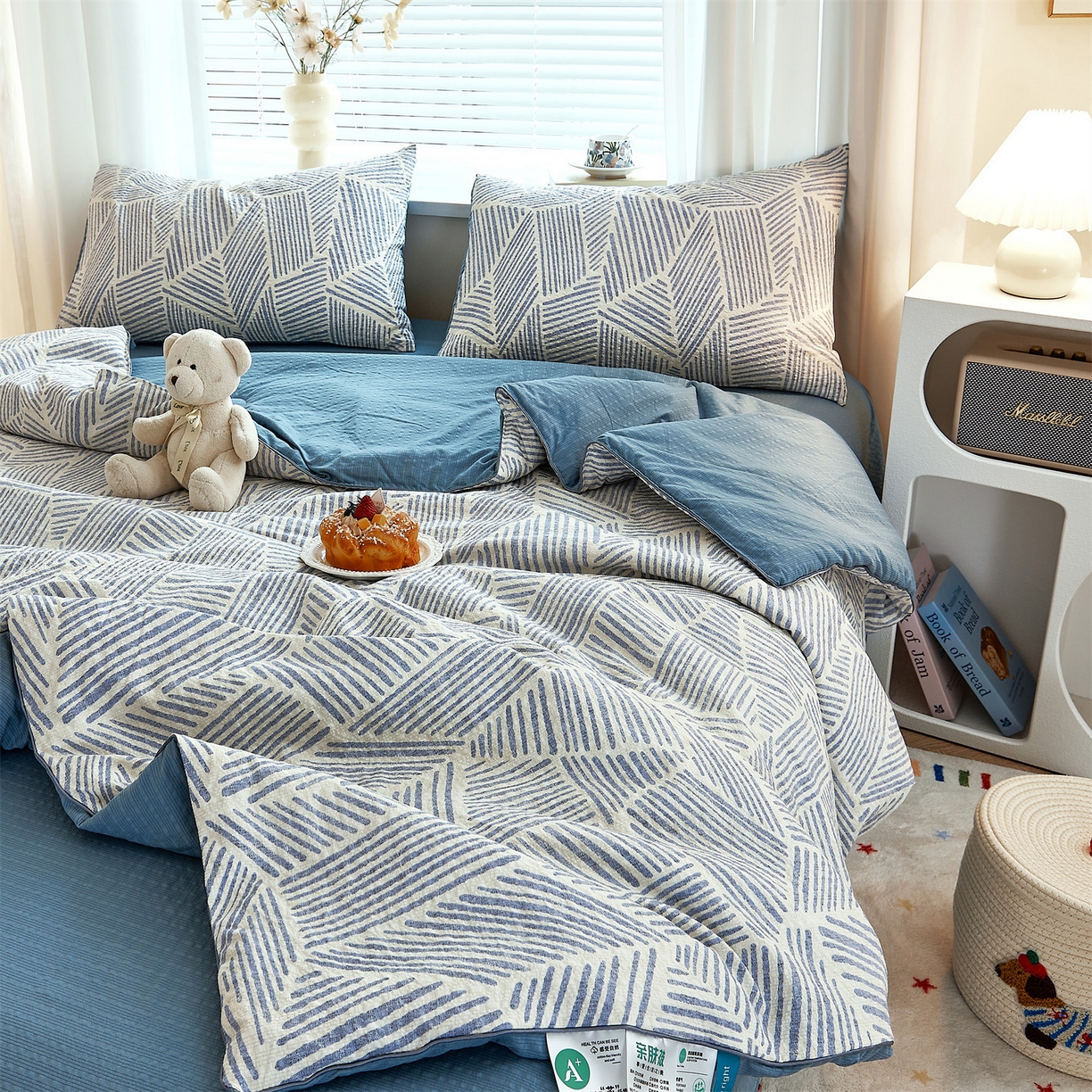 91家纺网 家纺一手货源 找家纺 铺尚美家纺 2026新款泡芙棉夏被四件套泡芙纱单夏被空调被夏凉被-印花 浅川蓝