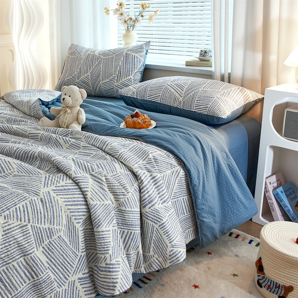 91家纺网 家纺一手货源 找家纺 铺尚美家纺 2026新款泡芙棉夏被四件套泡芙纱单夏被空调被夏凉被-印花 浅川蓝