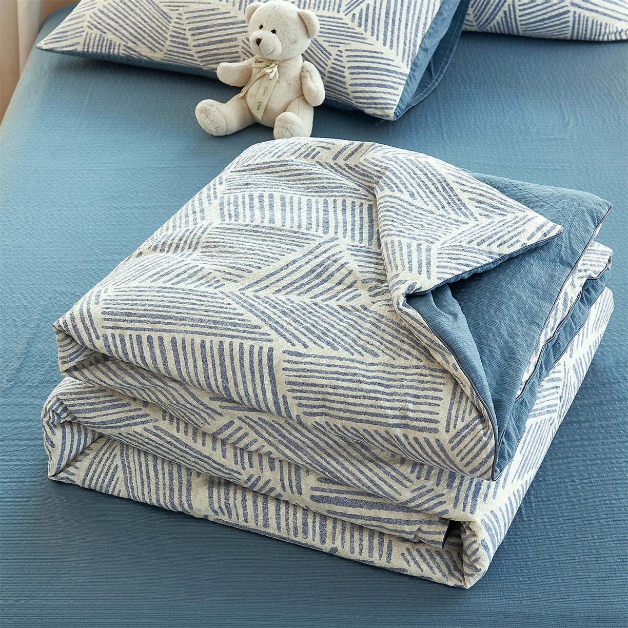 91家纺网 家纺一手货源 找家纺 铺尚美家纺 2026新款泡芙棉夏被四件套泡芙纱单夏被空调被夏凉被-印花 浅川蓝