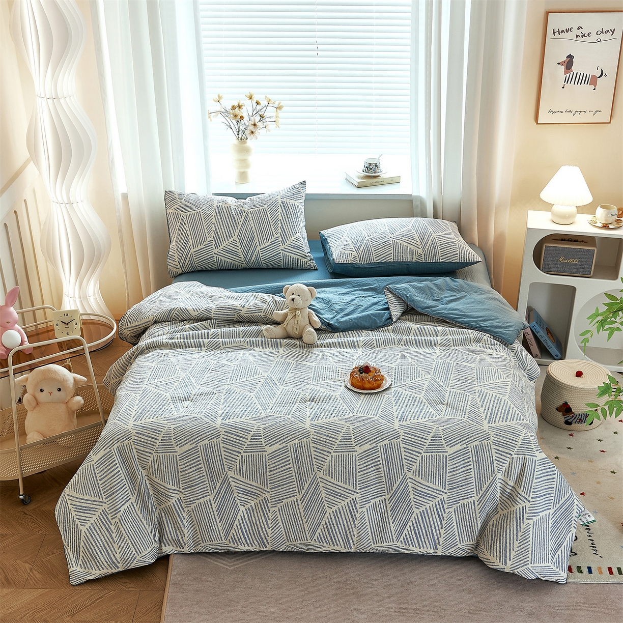 91家纺网 家纺一手货源 找家纺 铺尚美家纺 2026新款泡芙棉夏被四件套泡芙纱单夏被空调被夏凉被-印花 浅川蓝