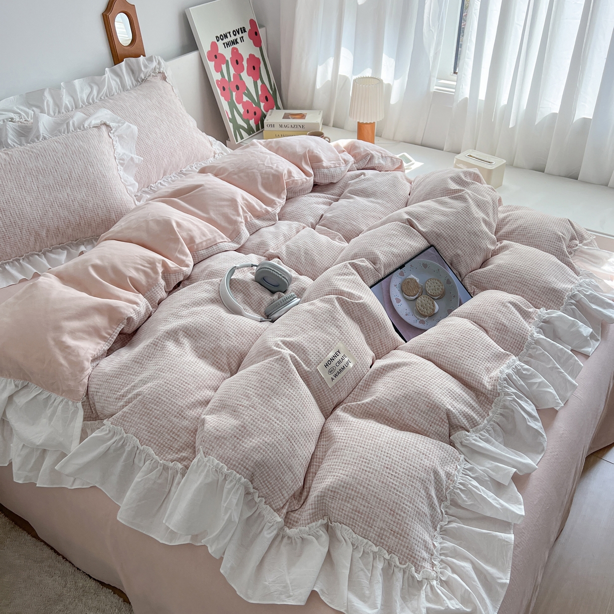 91家纺网 家纺一手货源 找家纺 （总）晨曦家纺 2026新款荷叶花边雪尼尔提花四件套可水洗棉四件套少女风