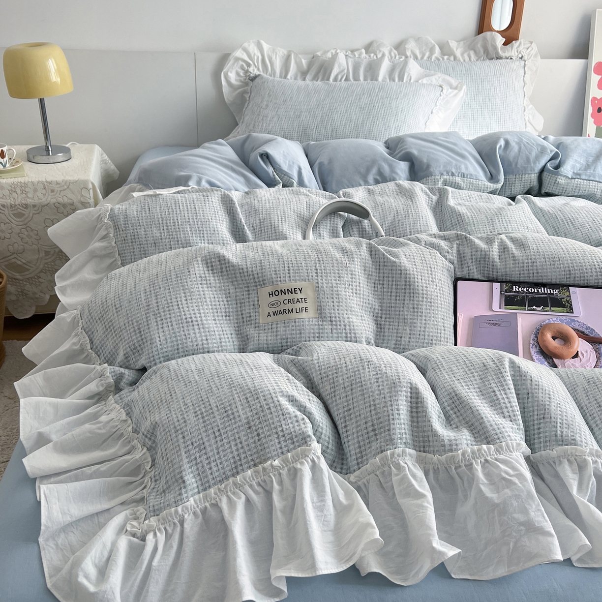 晨曦家纺 2026新款荷叶花边雪尼尔提花四件套可水洗棉四件套少女风 法式奶蓝