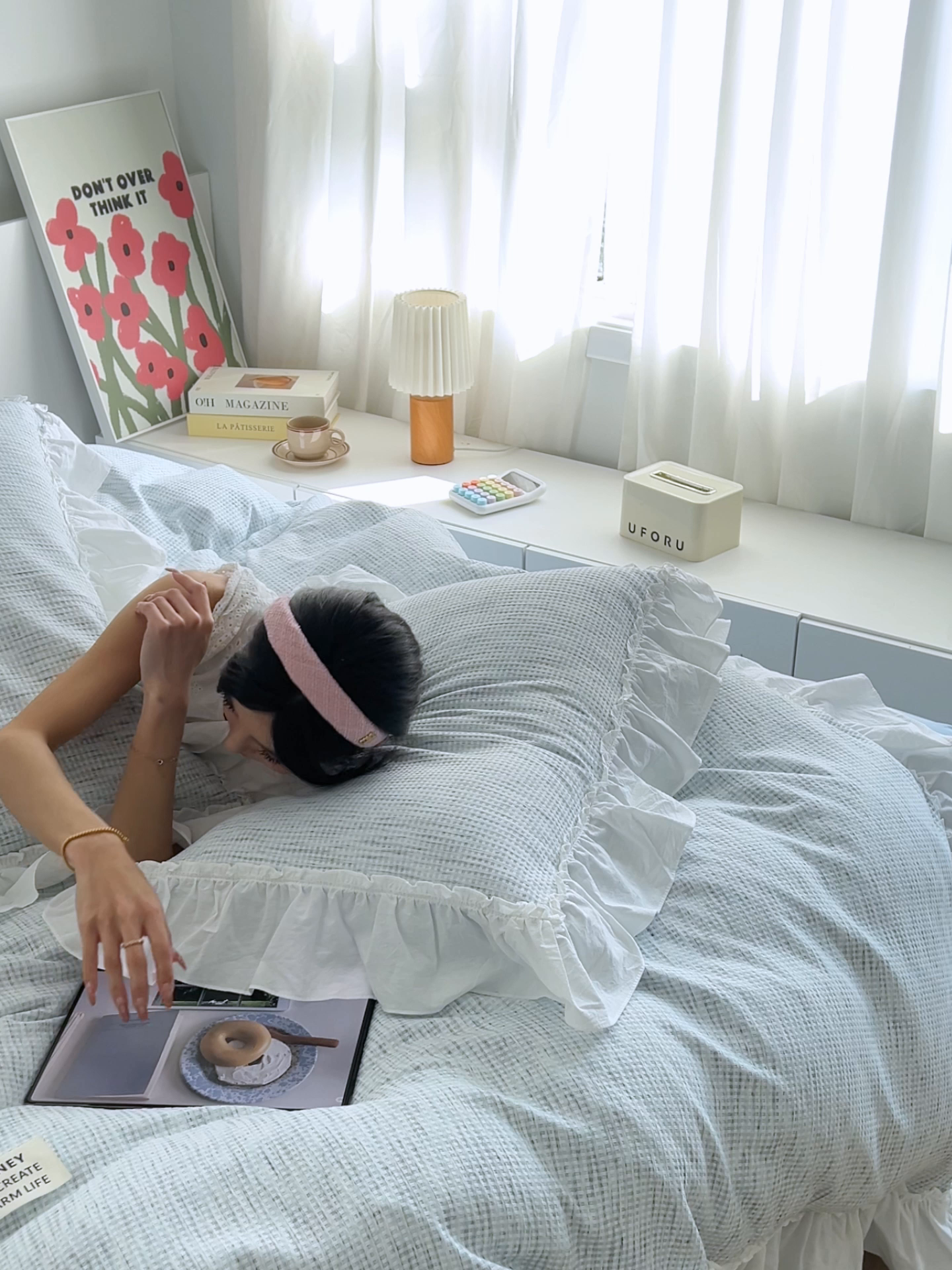 91家纺网 家纺一手货源 找家纺 晨曦家纺 2026新款荷叶花边雪尼尔提花四件套可水洗棉四件套少女风 法式奶蓝