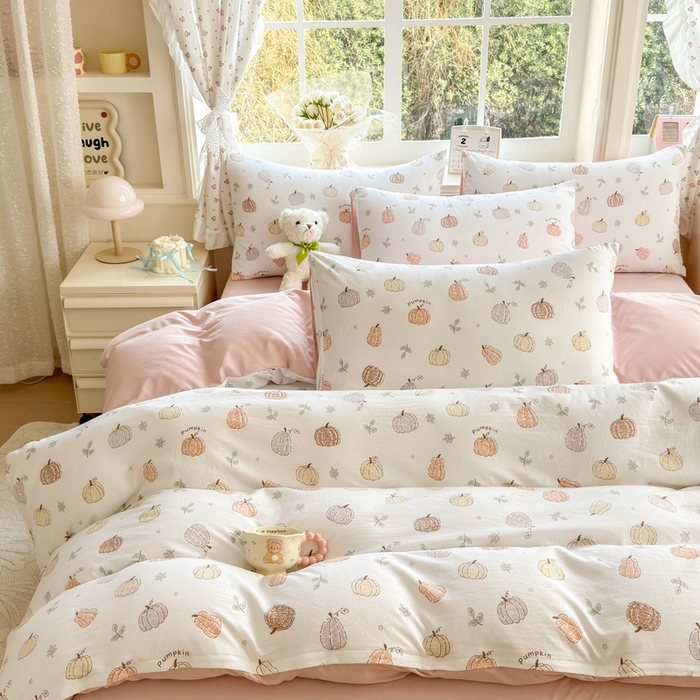 91家纺网 家纺一手货源 找家纺 诗黛尔 2026新款学生季仙女小花卉植物卡通云朵棉四件套三件套（二） 南瓜园