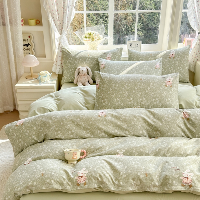 91家纺网 家纺一手货源 找家纺 诗黛尔 2026新款学生季仙女小花卉植物卡通云朵棉四件套三件套（二） 沁园-绿