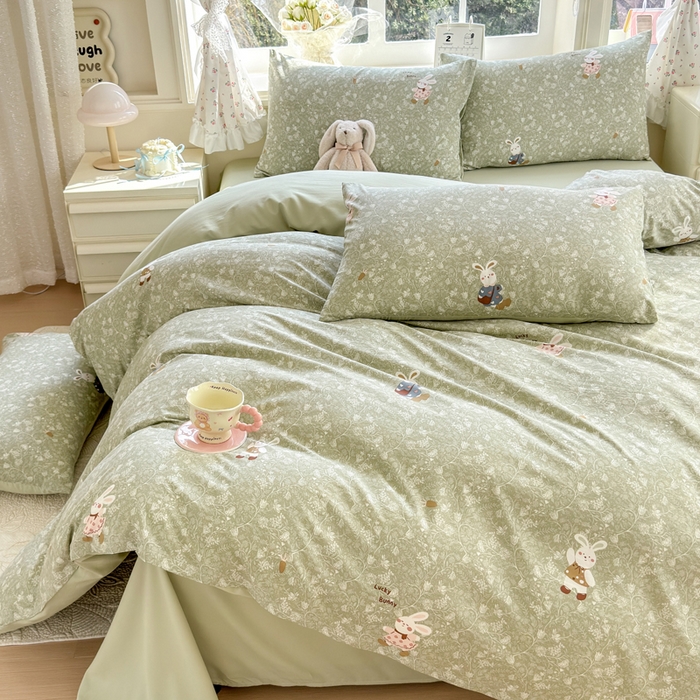 91家纺网 家纺一手货源 找家纺 诗黛尔 2026新款学生季仙女小花卉植物卡通云朵棉四件套三件套（二） 沁园-绿