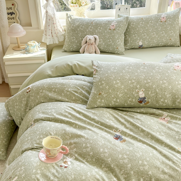 91家纺网 家纺一手货源 找家纺 诗黛尔 2026新款学生季仙女小花卉植物卡通云朵棉四件套三件套（二） 沁园-绿