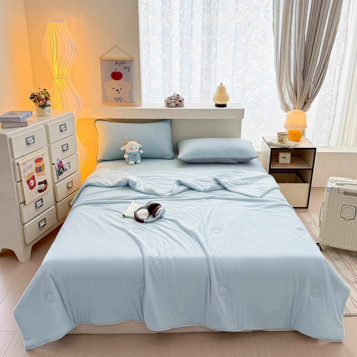 欧邦 2026新款华夫格小熊系列凉感冰豆豆凉席绑带款夏被套件 小熊孔雀蓝