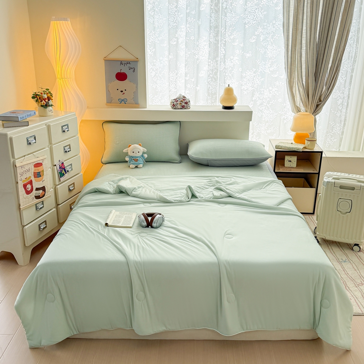 欧邦 2026新款华夫格小熊系列凉感冰豆豆凉席绑带款夏被套件 小熊水绿