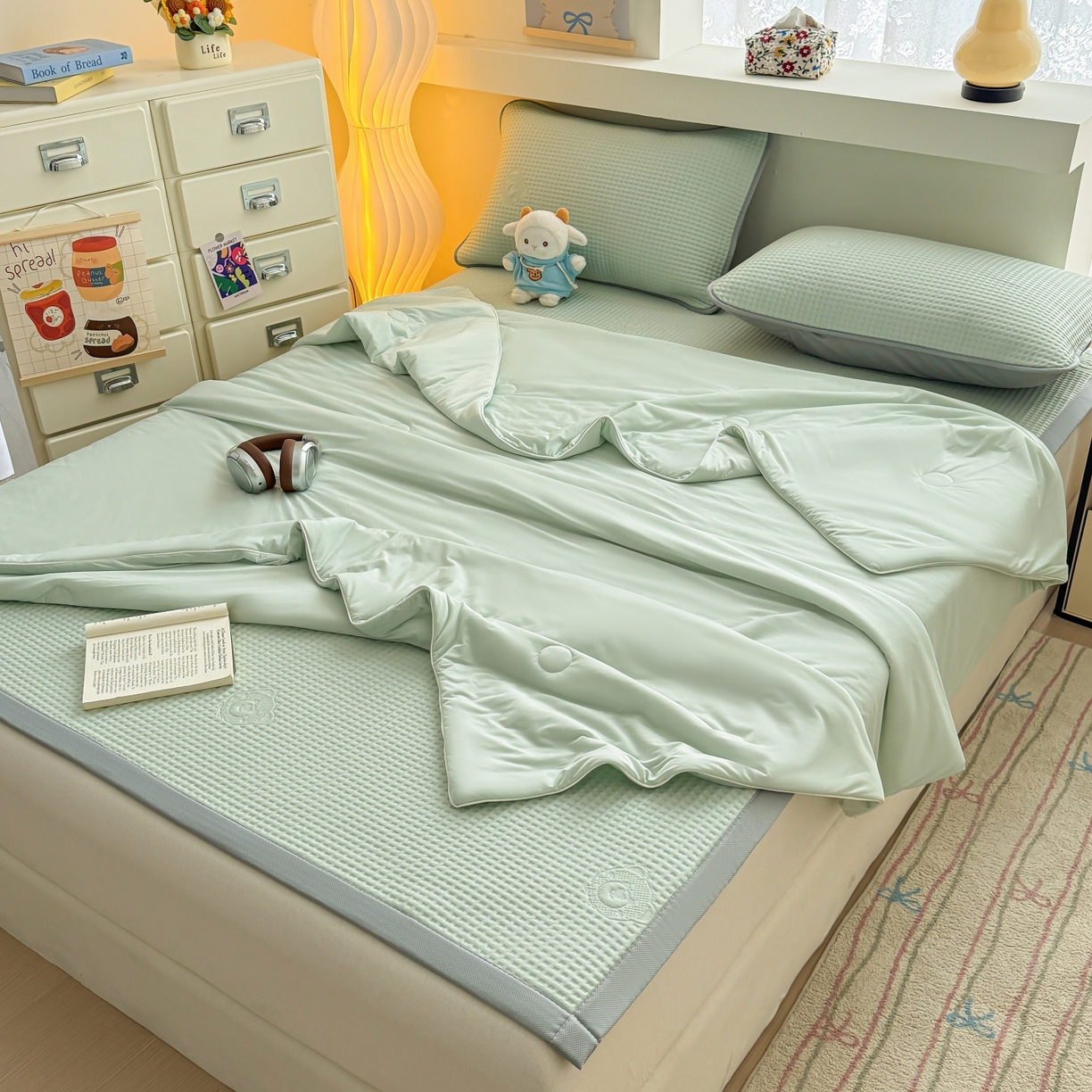 91家纺网 家纺一手货源 找家纺 欧邦 2026新款华夫格小熊系列凉感冰豆豆凉席绑带款夏被套件 小熊水绿
