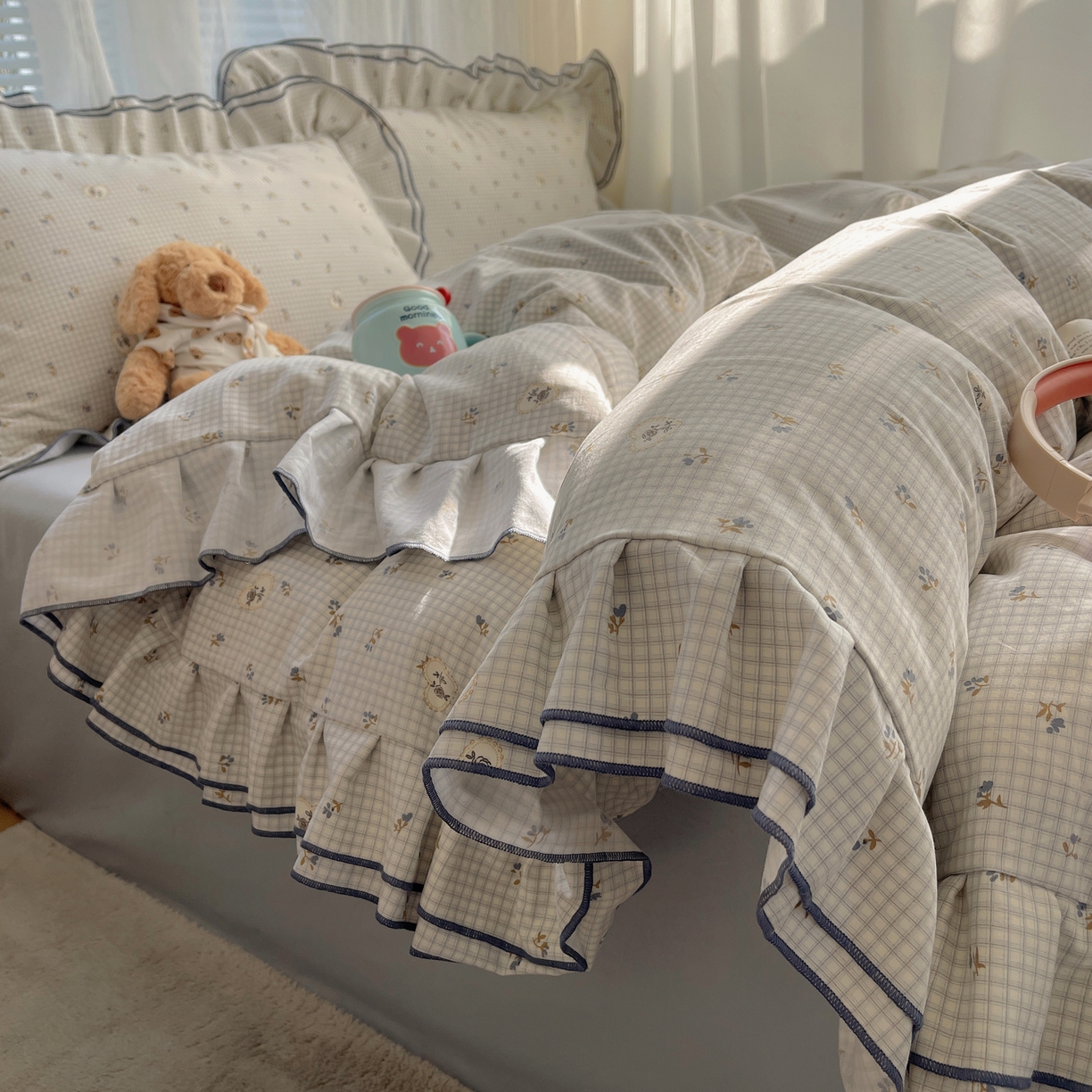 瑞莱 （持续上新）2026新款舒柔水洗棉小清新双层花边四件套 蓝玫瑰