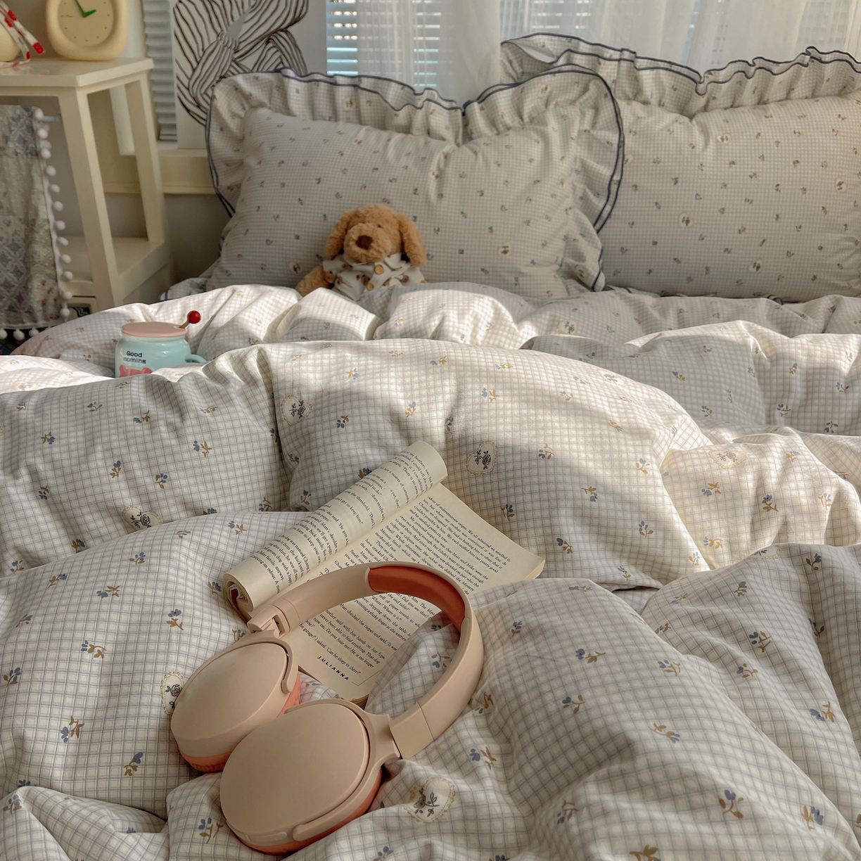 91家纺网 家纺一手货源 找家纺 瑞莱 （持续上新）2026新款舒柔水洗棉小清新双层花边四件套 蓝玫瑰