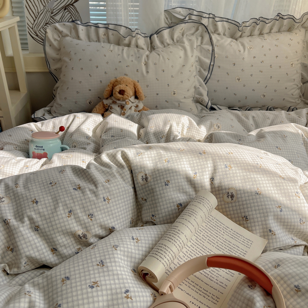 91家纺网 家纺一手货源 找家纺 瑞莱 （持续上新）2026新款舒柔水洗棉小清新双层花边四件套 蓝玫瑰