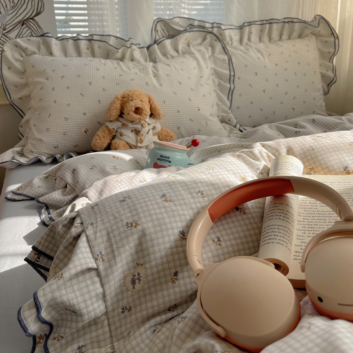 91家纺网 家纺一手货源 找家纺 瑞莱 （持续上新）2026新款舒柔水洗棉小清新双层花边四件套 蓝玫瑰