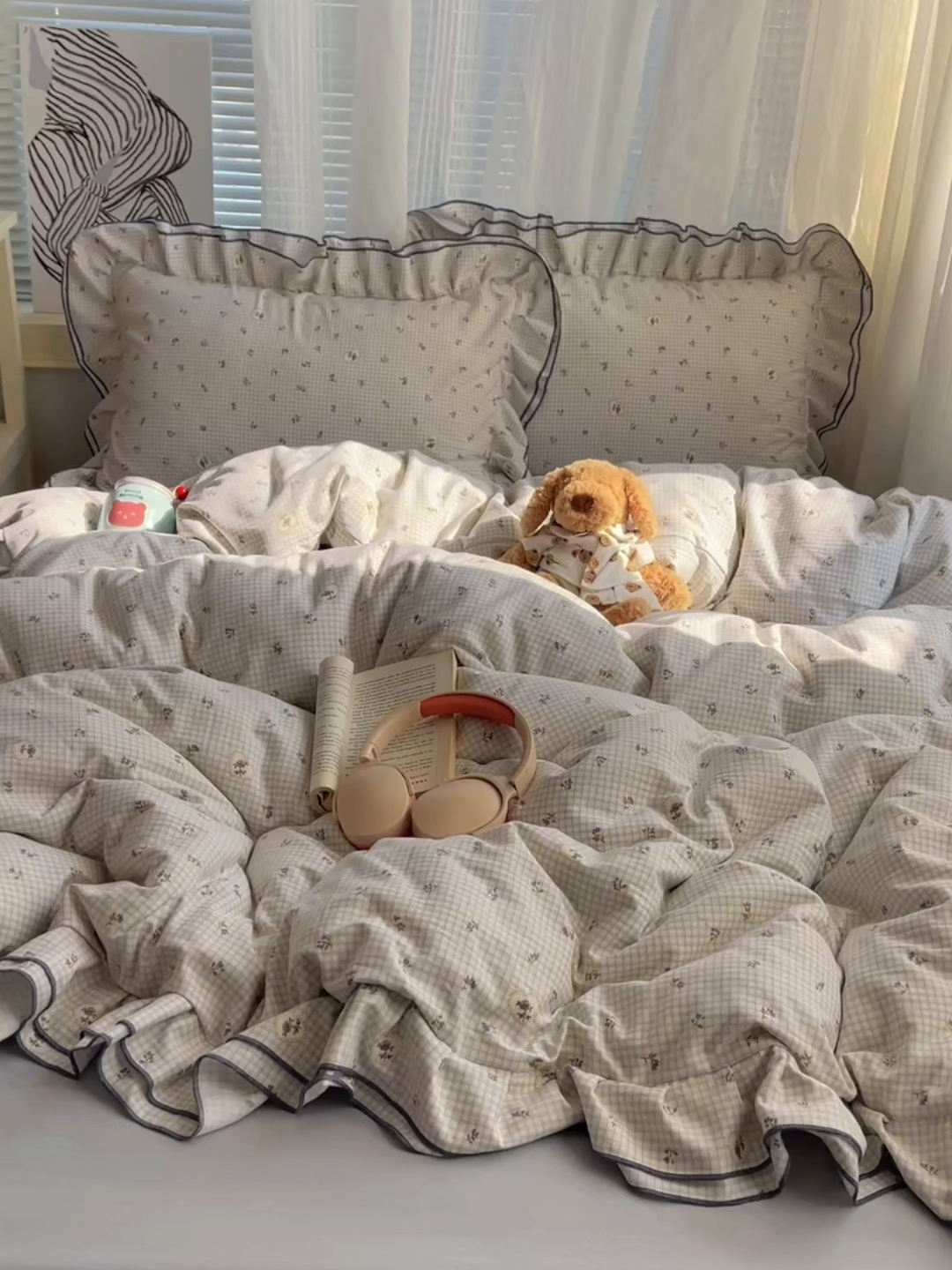 91家纺网 家纺一手货源 找家纺 瑞莱 （持续上新）2026新款舒柔水洗棉小清新双层花边四件套 蓝玫瑰