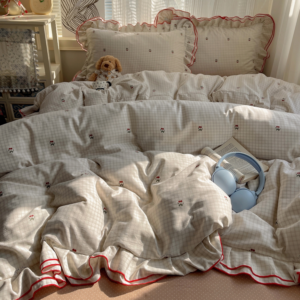 91家纺网 家纺一手货源 找家纺 瑞莱 （持续上新）2026新款舒柔水洗棉小清新双层花边四件套 红樱桃