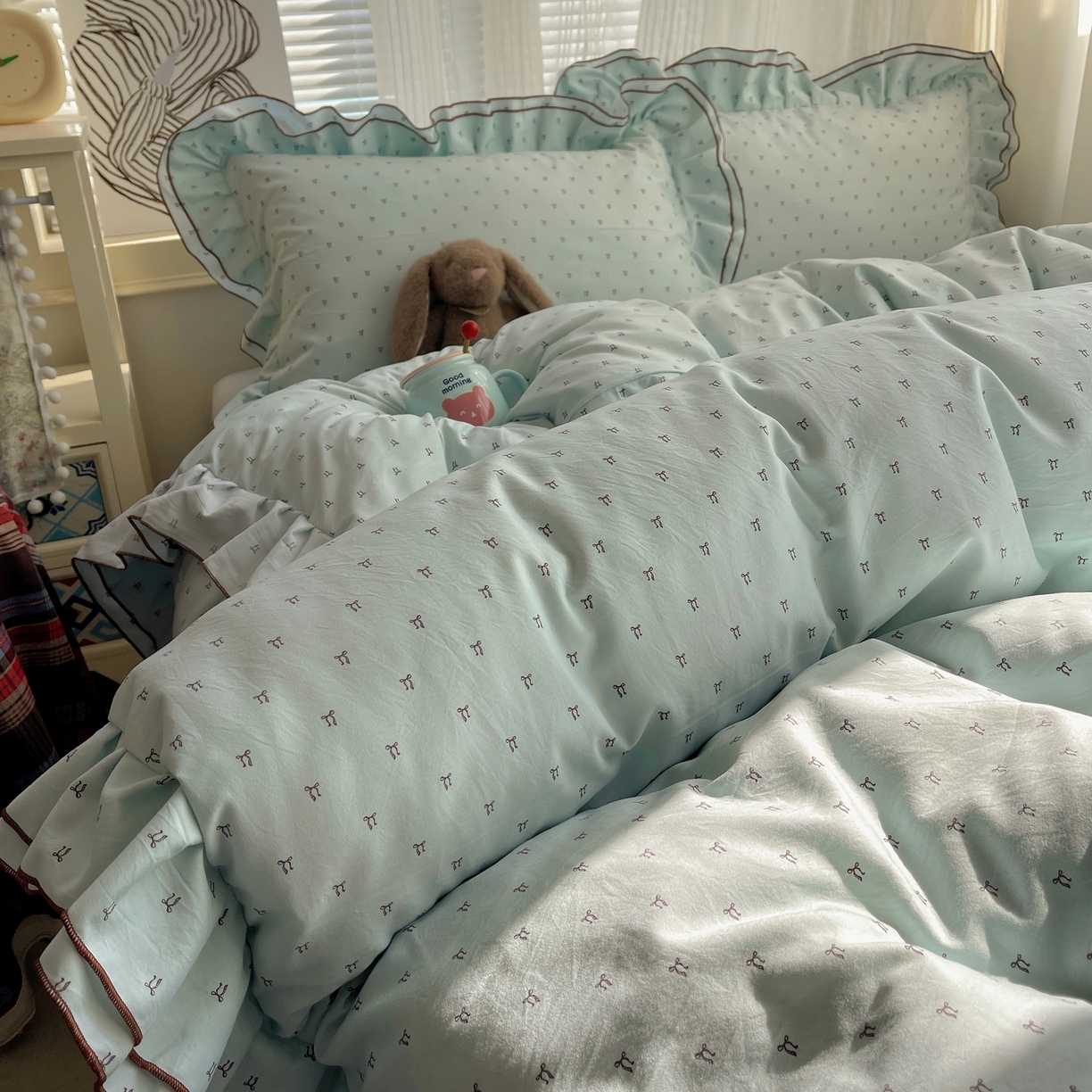 91家纺网 家纺一手货源 找家纺 瑞莱 （持续上新）2026新款舒柔水洗棉小清新双层花边四件套 千千结