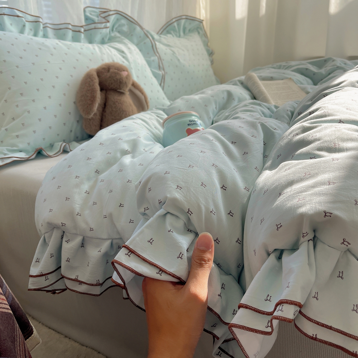 91家纺网 家纺一手货源 找家纺 瑞莱 （持续上新）2026新款舒柔水洗棉小清新双层花边四件套 千千结