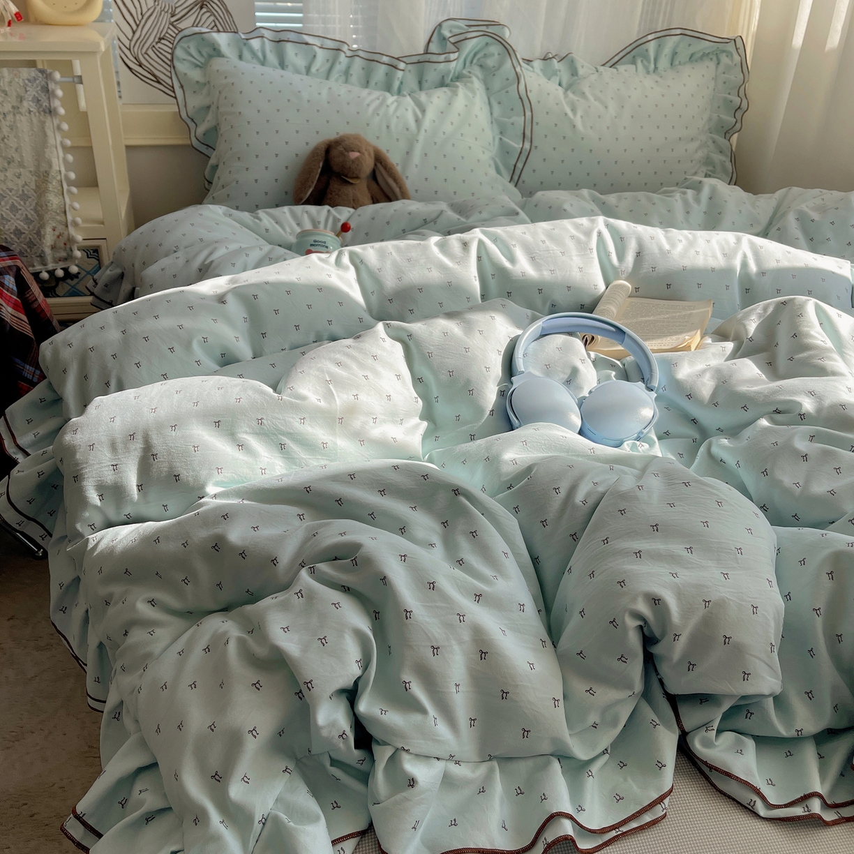 91家纺网 家纺一手货源 找家纺 瑞莱 （持续上新）2026新款舒柔水洗棉小清新双层花边四件套 千千结