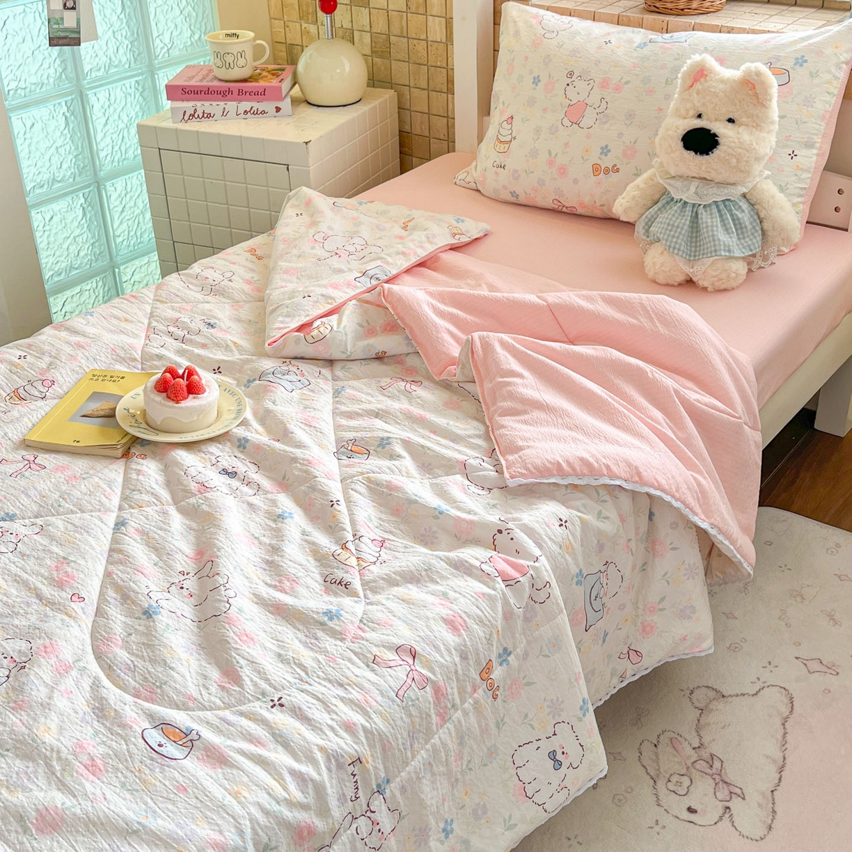 91家纺网 家纺一手货源 找家纺 川悦生活 2026春夏新款双层纱皱皱纱学生床夏被夏凉被空调被三件套 夏被嘟嘟花园