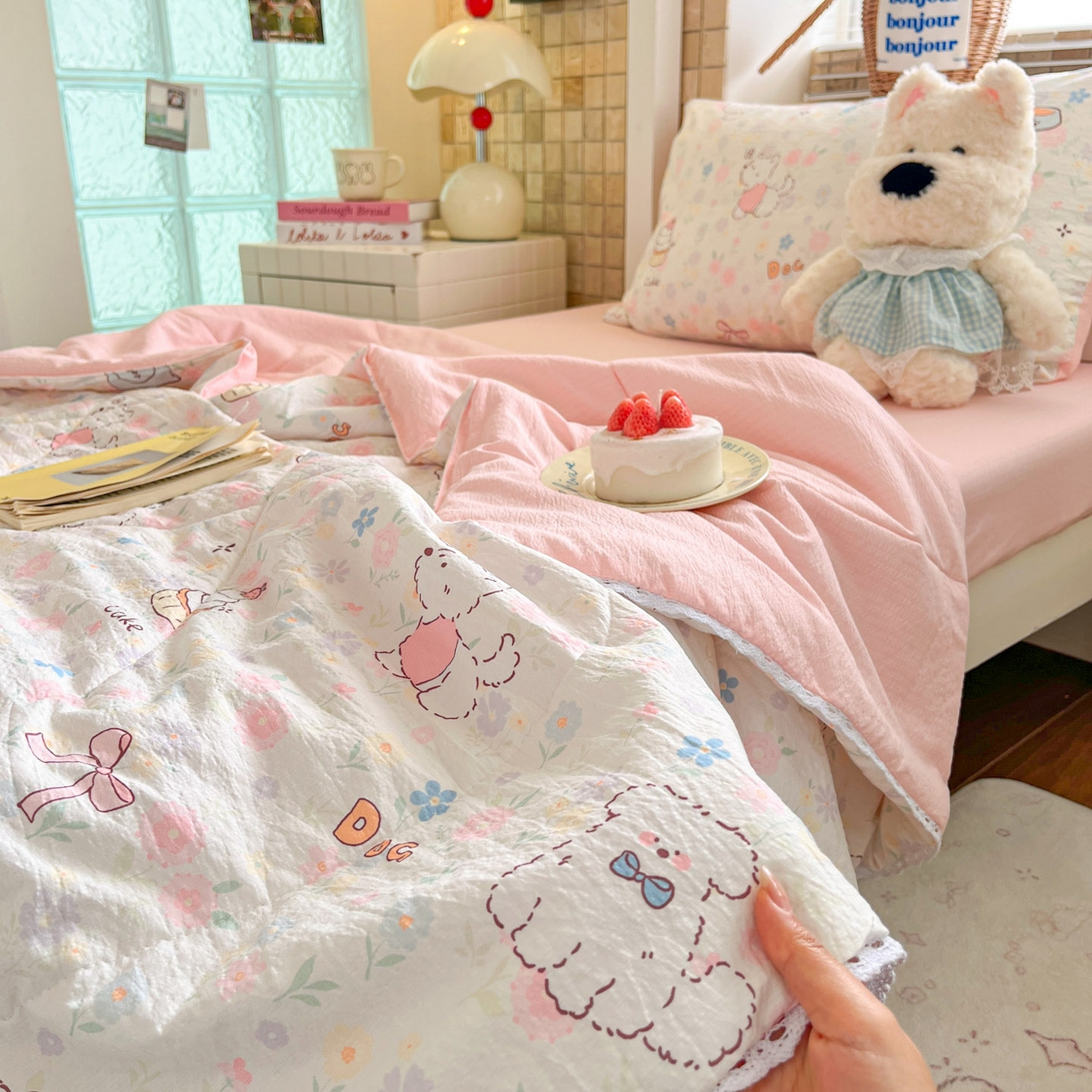 91家纺网 家纺一手货源 找家纺 川悦生活 2026春夏新款双层纱皱皱纱学生床夏被夏凉被空调被三件套 夏被嘟嘟花园