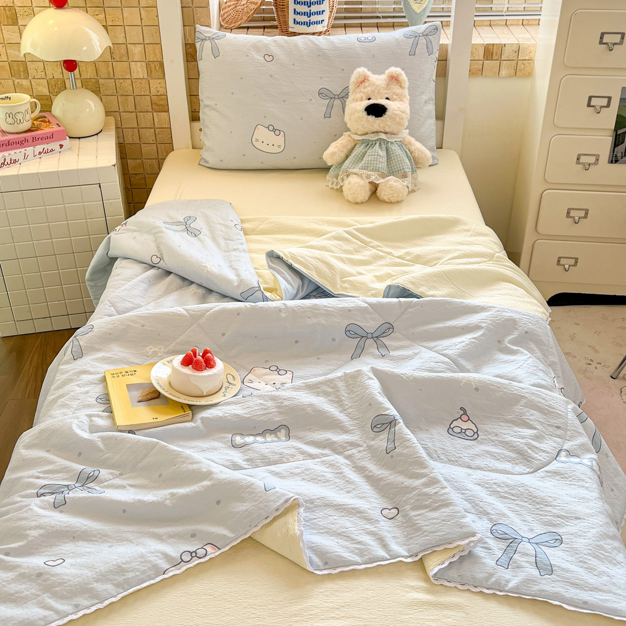 川悦生活 2026春夏新款双层纱皱皱纱学生床夏被夏凉被空调被三件套 夏被海盐小咪