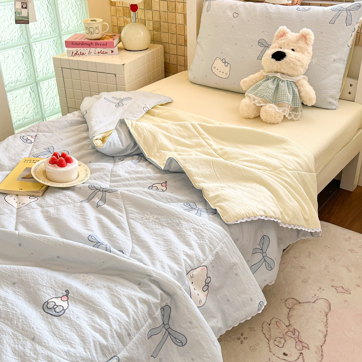 91家纺网 家纺一手货源 找家纺 川悦生活 2026春夏新款双层纱皱皱纱学生床夏被夏凉被空调被三件套 夏被海盐小咪