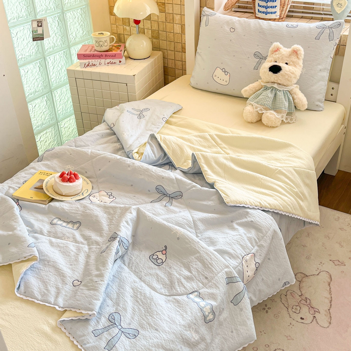 91家纺网 家纺一手货源 找家纺 川悦生活 2026春夏新款双层纱皱皱纱学生床夏被夏凉被空调被三件套 夏被海盐小咪