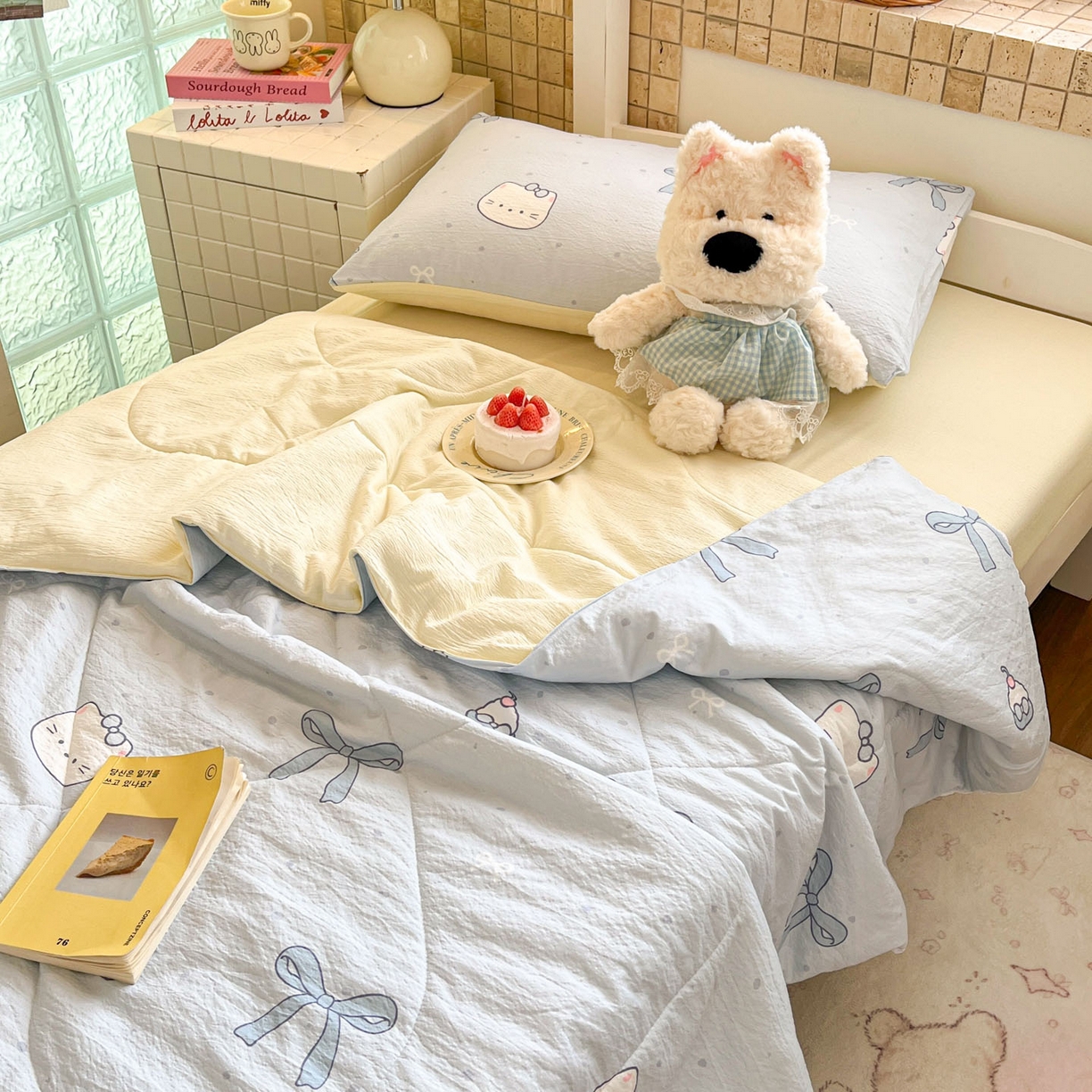 91家纺网 家纺一手货源 找家纺 川悦生活 2026春夏新款双层纱皱皱纱学生床夏被夏凉被空调被三件套 夏被海盐小咪