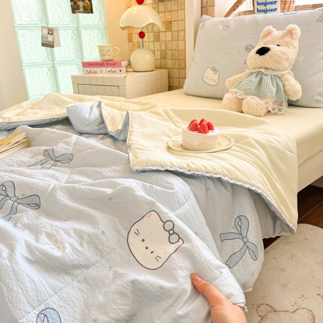 91家纺网 家纺一手货源 找家纺 川悦生活 2026春夏新款双层纱皱皱纱学生床夏被夏凉被空调被三件套 夏被海盐小咪