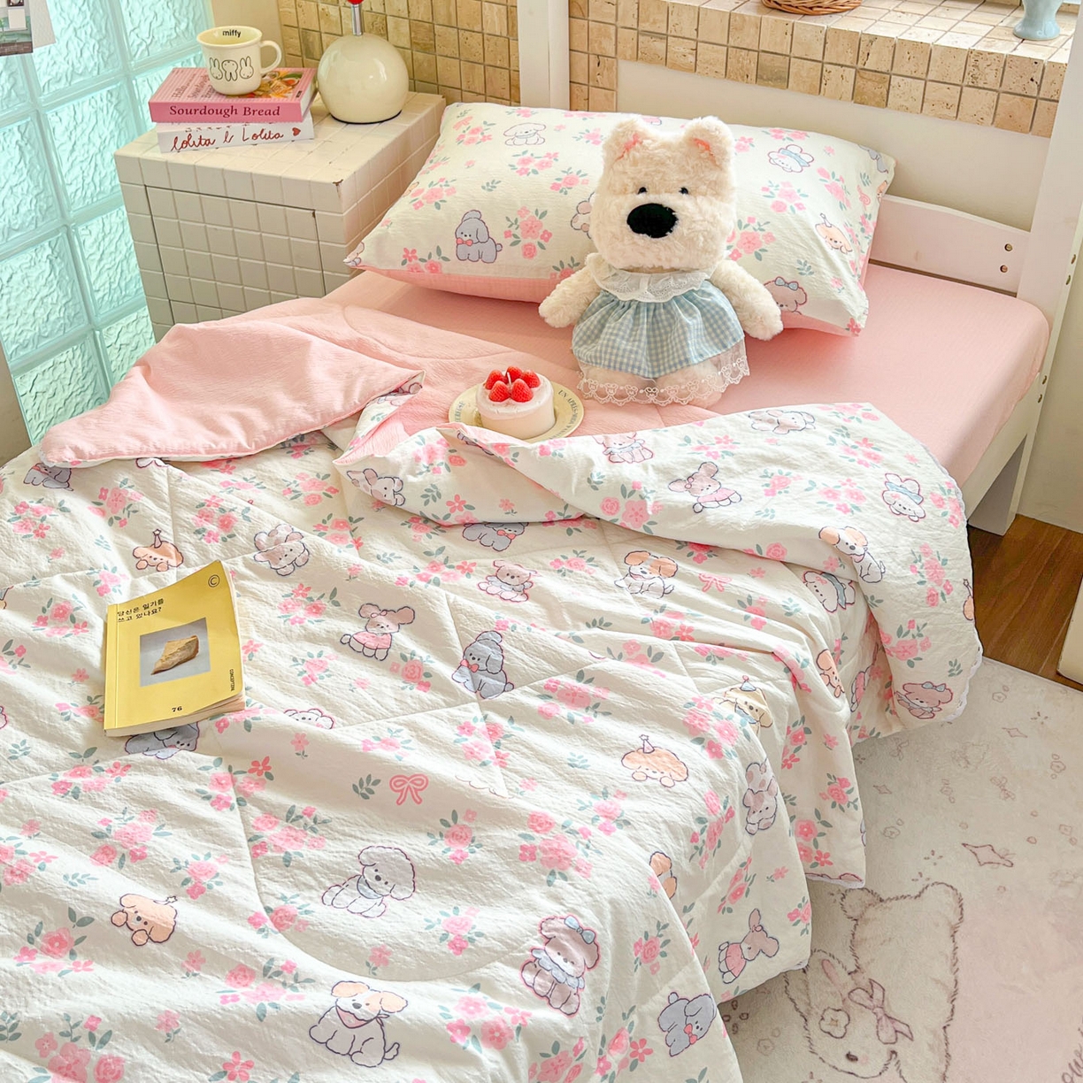 91家纺网 家纺一手货源 找家纺 川悦生活 2026春夏新款双层纱皱皱纱学生床夏被夏凉被空调被三件套 夏被花都小狗