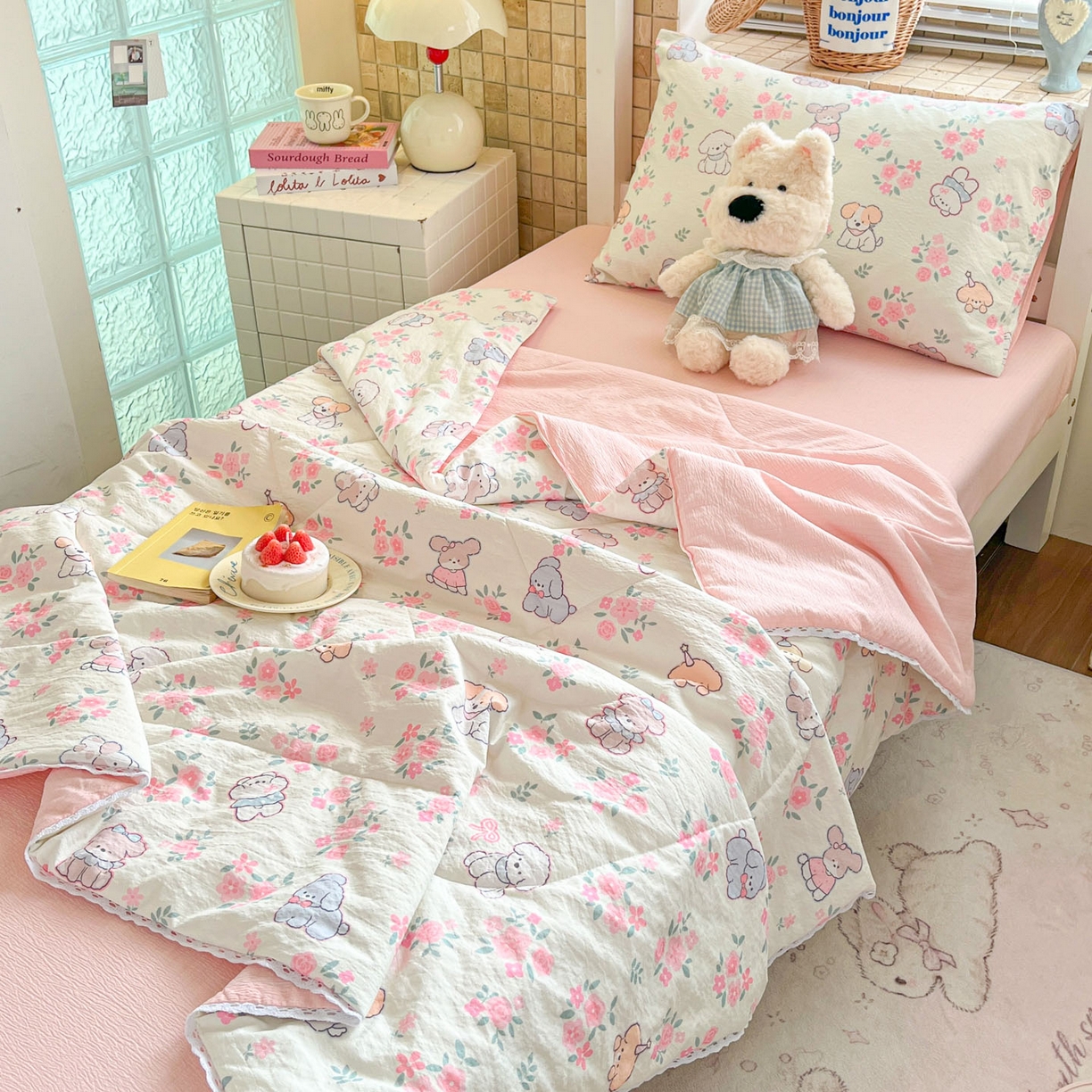 91家纺网 家纺一手货源 找家纺 川悦生活 2026春夏新款双层纱皱皱纱学生床夏被夏凉被空调被三件套 夏被花都小狗