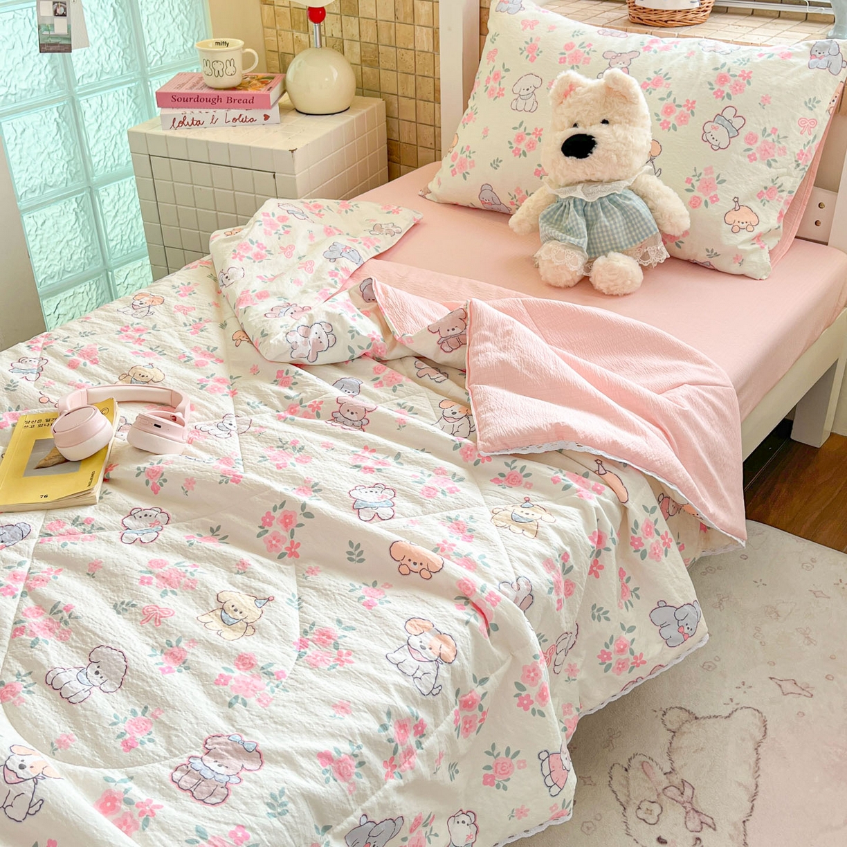 91家纺网 家纺一手货源 找家纺 川悦生活 2026春夏新款双层纱皱皱纱学生床夏被夏凉被空调被三件套 夏被花都小狗