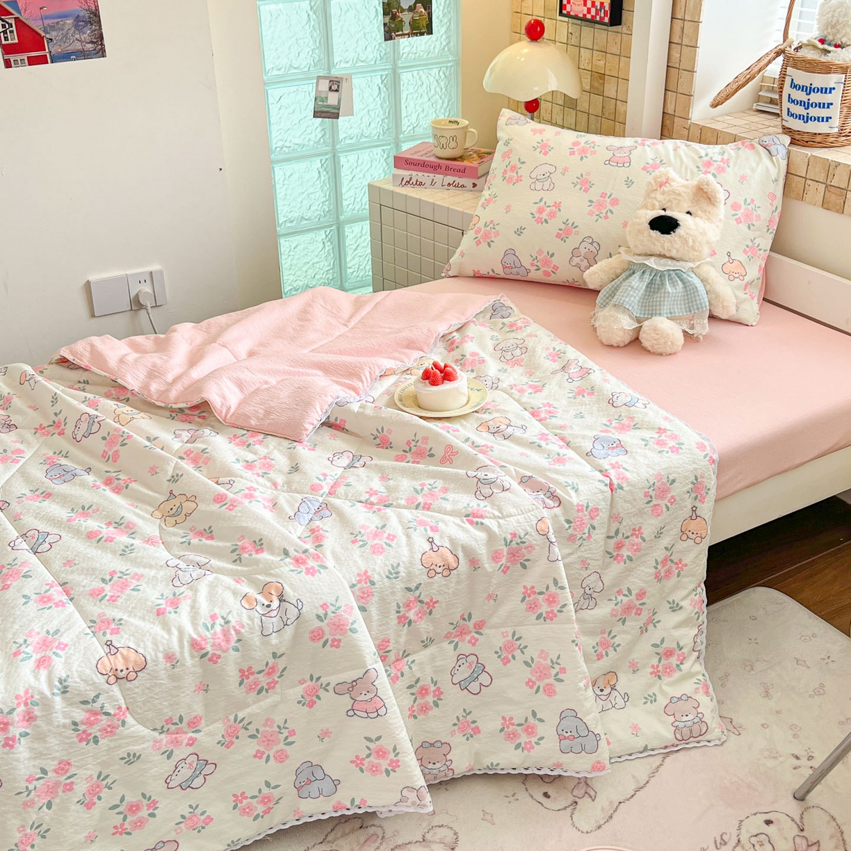 91家纺网 家纺一手货源 找家纺 川悦生活 2026春夏新款双层纱皱皱纱学生床夏被夏凉被空调被三件套 夏被花都小狗