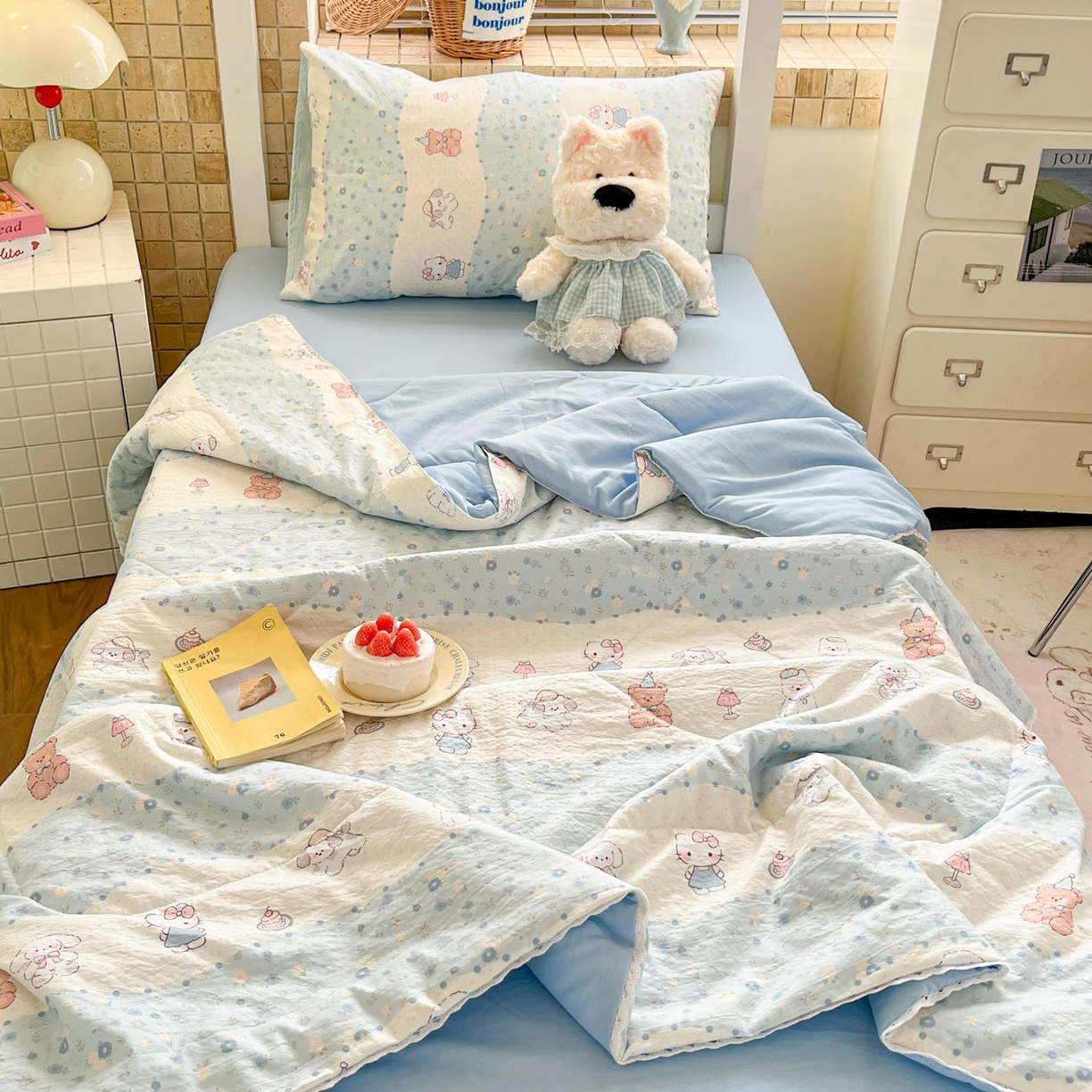 川悦生活 2026春夏新款双层纱皱皱纱学生床夏被夏凉被空调被三件套 夏被花田乐园