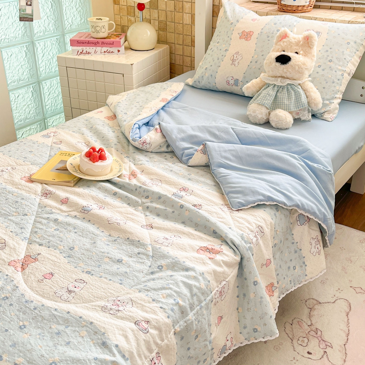 91家纺网 家纺一手货源 找家纺 川悦生活 2026春夏新款双层纱皱皱纱学生床夏被夏凉被空调被三件套 夏被花田乐园