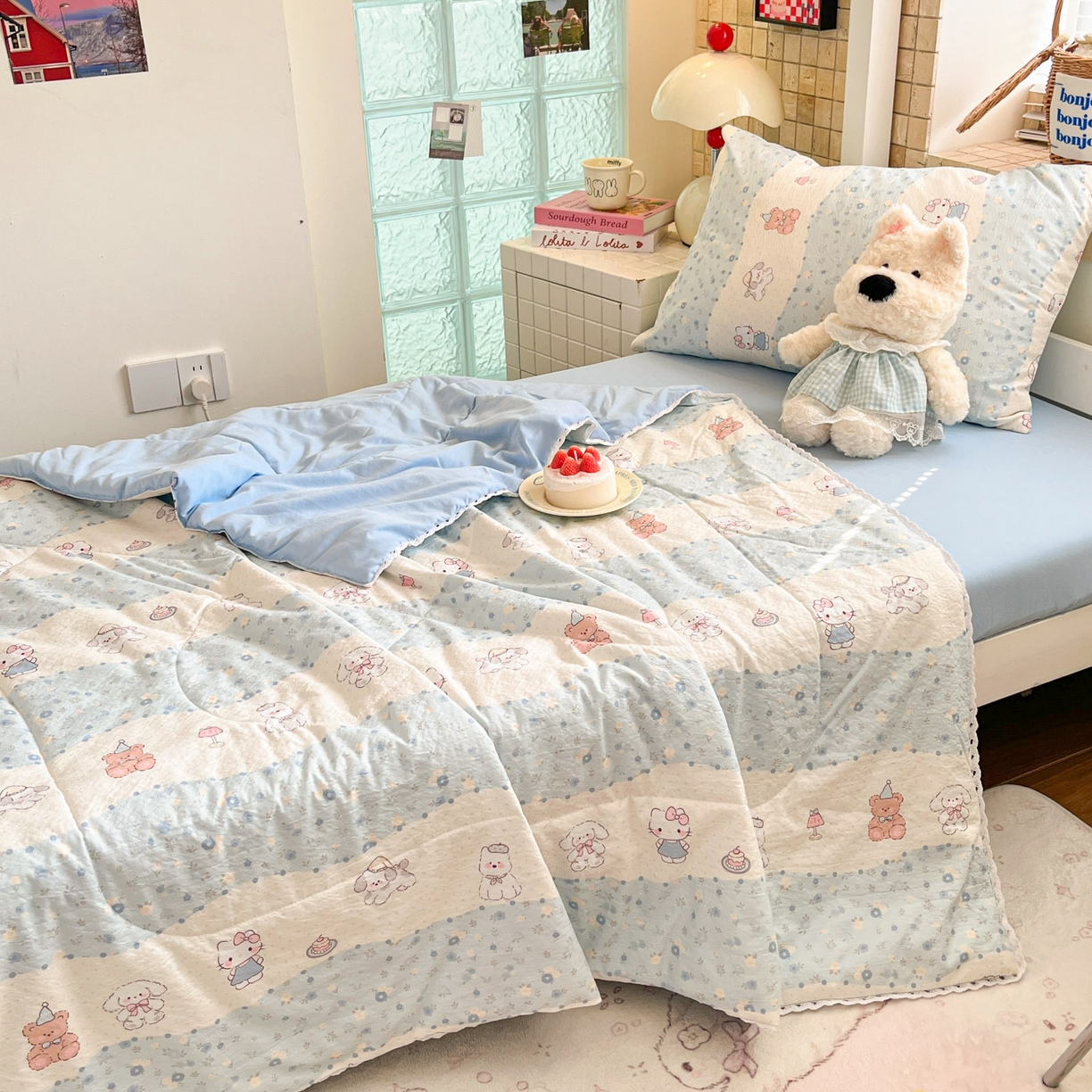 91家纺网 家纺一手货源 找家纺 川悦生活 2026春夏新款双层纱皱皱纱学生床夏被夏凉被空调被三件套 夏被花田乐园