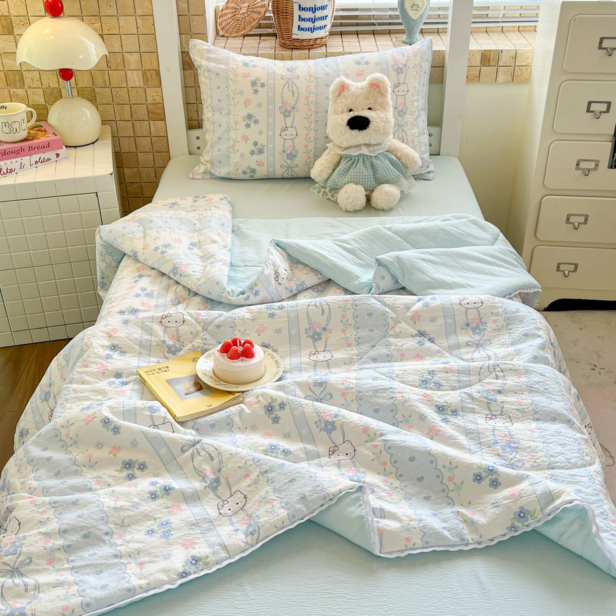川悦生活 2026春夏新款双层纱皱皱纱学生床夏被夏凉被空调被三件套 夏被花艺喵喵