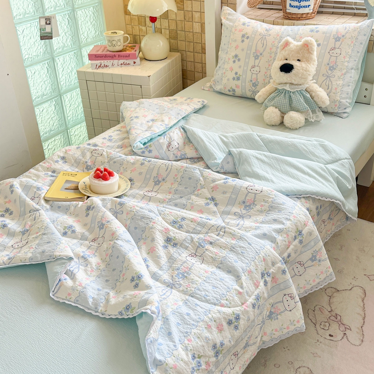 91家纺网 家纺一手货源 找家纺 川悦生活 2026春夏新款双层纱皱皱纱学生床夏被夏凉被空调被三件套 夏被花艺喵喵