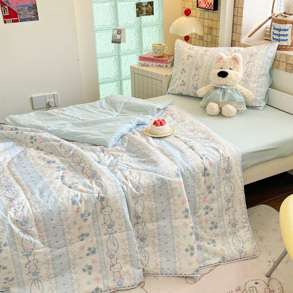 91家纺网 家纺一手货源 找家纺 川悦生活 2026春夏新款双层纱皱皱纱学生床夏被夏凉被空调被三件套 夏被花艺喵喵