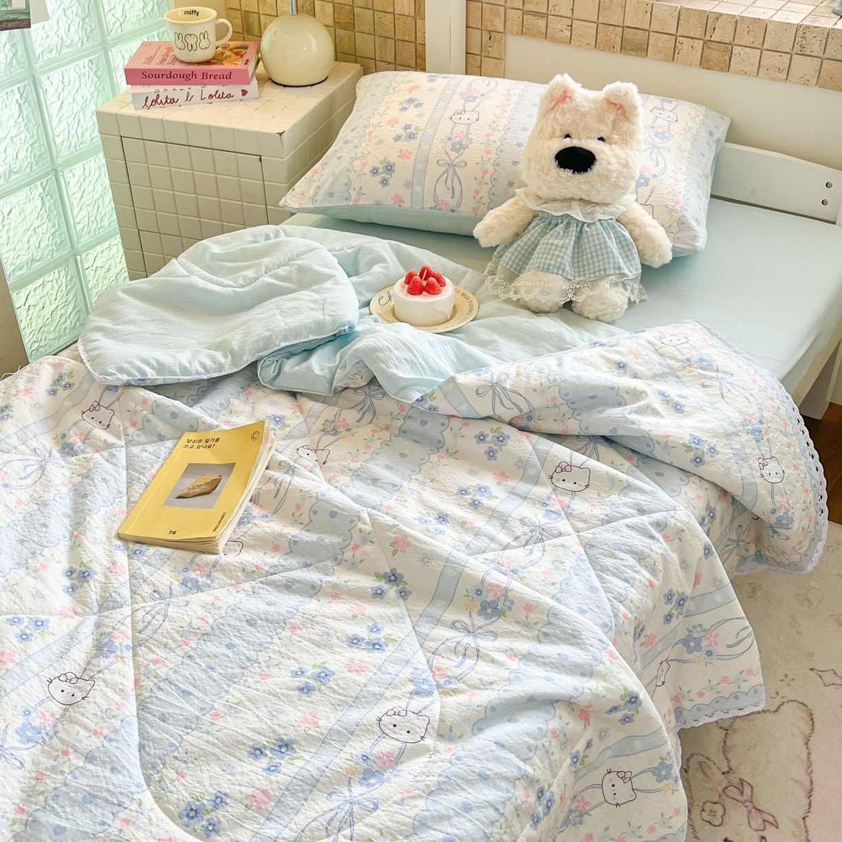 91家纺网 家纺一手货源 找家纺 川悦生活 2026春夏新款双层纱皱皱纱学生床夏被夏凉被空调被三件套 夏被花艺喵喵