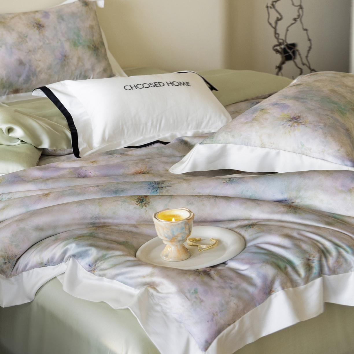 91家纺网 家纺一手货源 找家纺 初拾 2026新款60支兰精天丝数码印花系列四件套 青提薄荷（会员减20 ，控价：日常 券后不低于398 元）