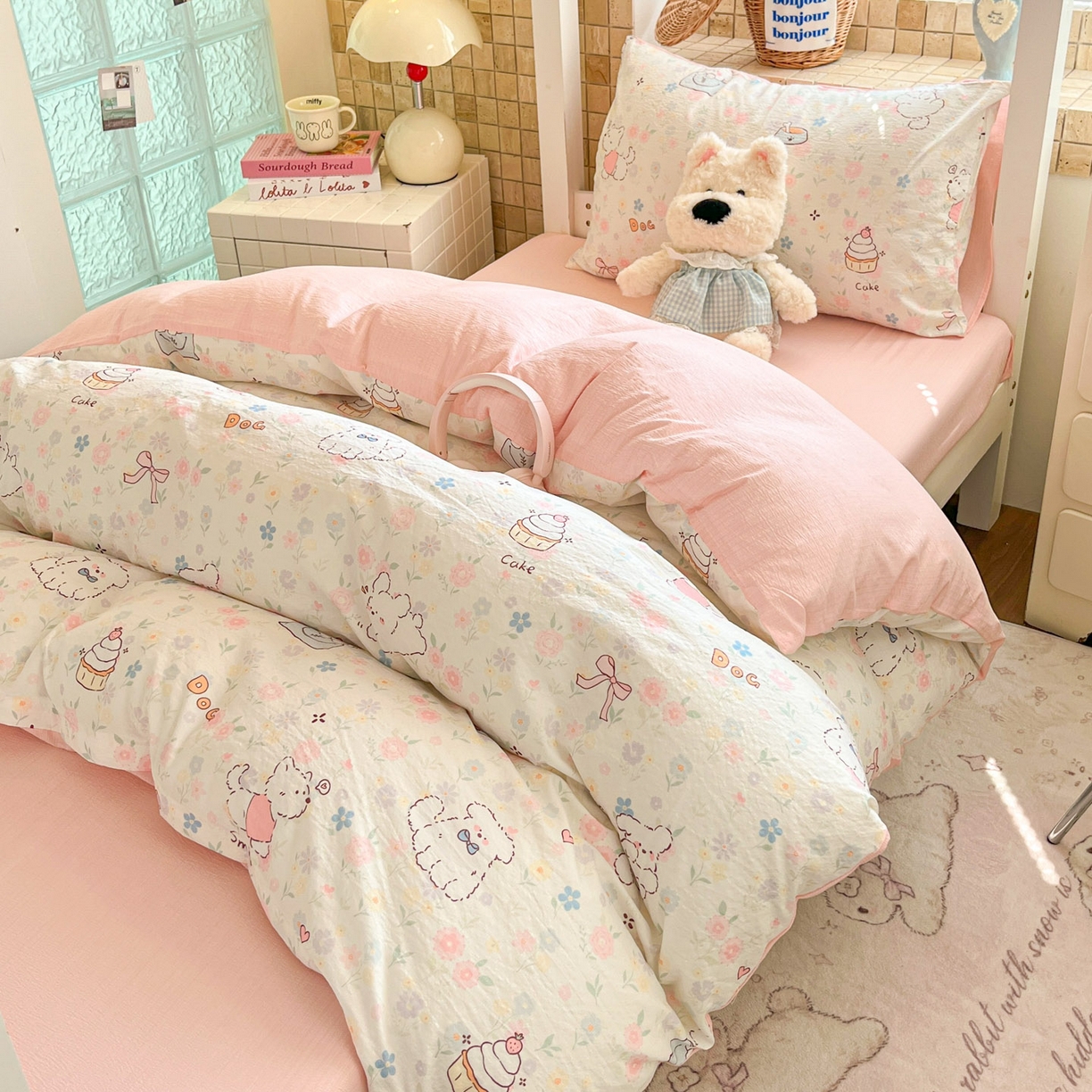 91家纺网 家纺一手货源 找家纺 川悦生活 2026新款双层纱皱皱纱学生床三件套 嘟嘟花园